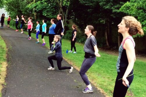 Evening fitness class for postnatal mums on Horfield Common.